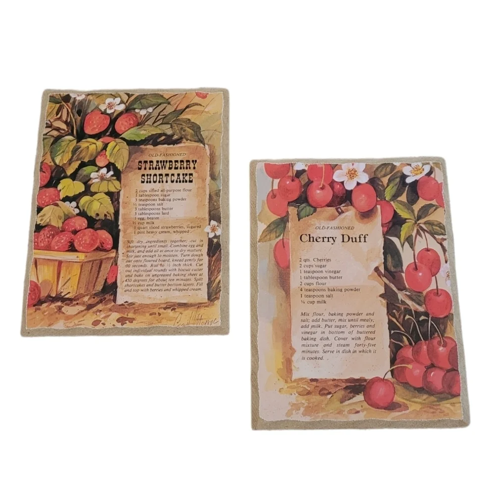 Vintage Gail Monroe Strawberry Shortcake & Cherry Duff Recipe Wall Plaques Set 2